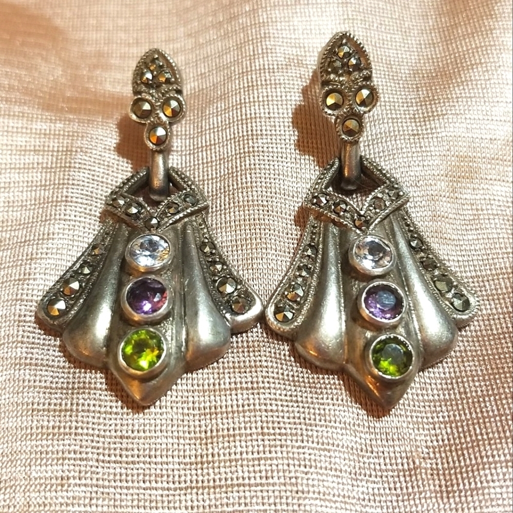 Multi Gem Marcasite Sterling Door Knocker Earrings ~ Vintage